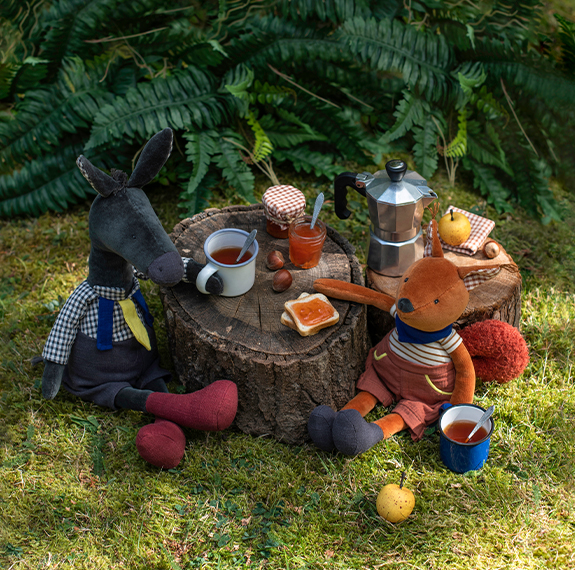 anatole and harry on a picnic in the woodland forest - discover a donkey toy, toy duck, mushroom toy and squirrel toy